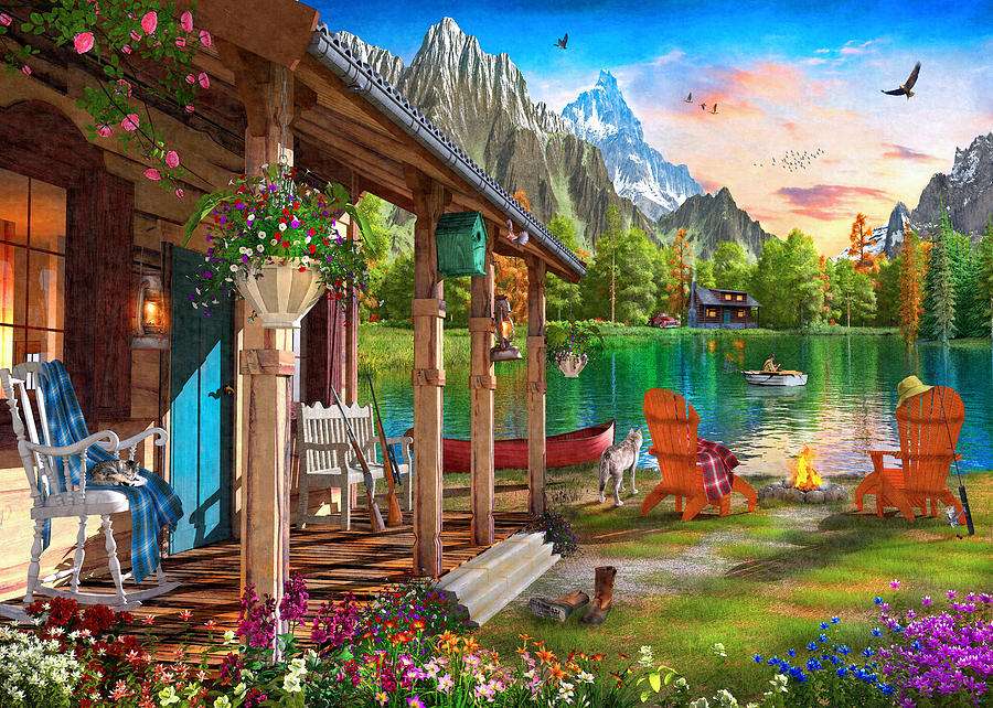 Vue de la terrasse de la maison sur le lac puzzle en ligne