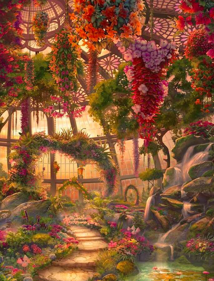 Szkalny''giardino con fiori furiosi in rosa puzzle online
