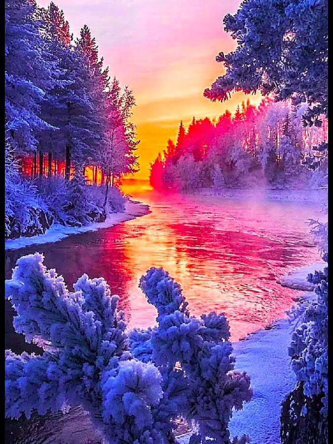 Зимна река, рисувана по залез слънце онлайн пъзел