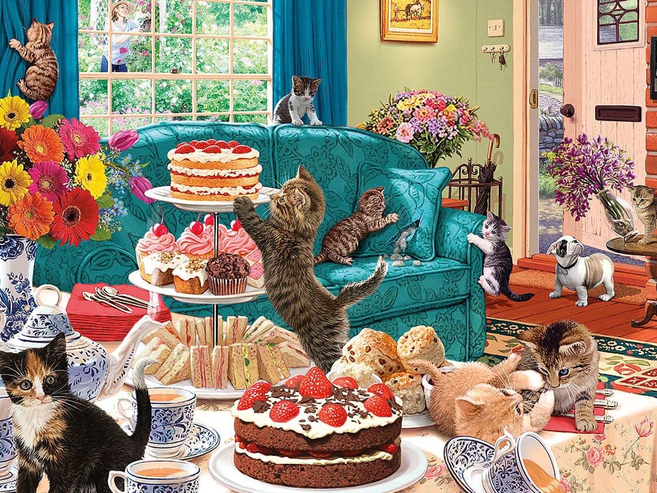 Süßigkeiten auf dem Tisch und störende Katzen Online-Puzzle