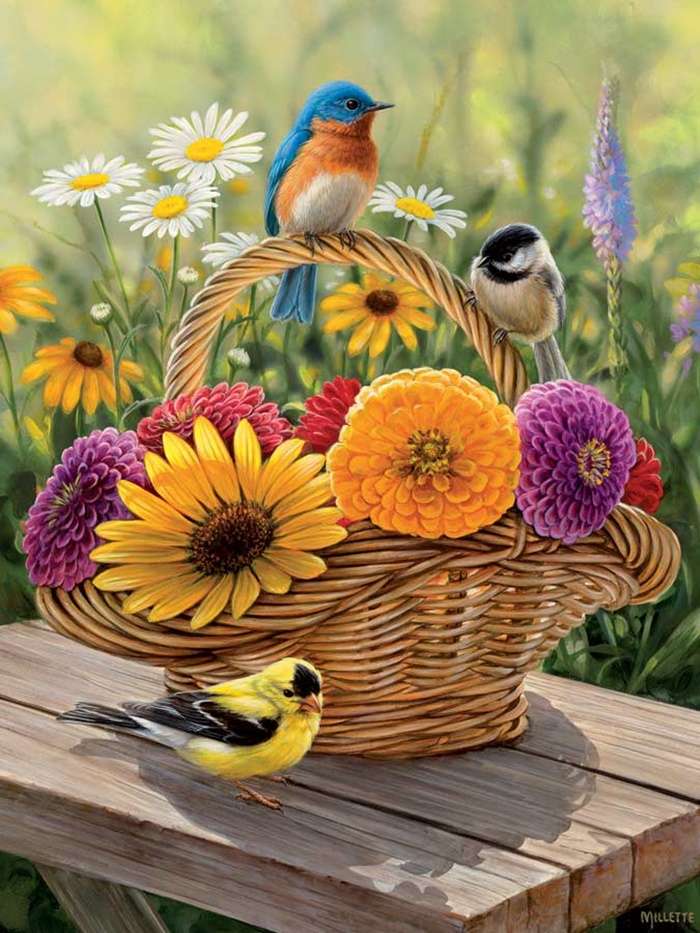 pássaros na cesta de flores quebra-cabeças online