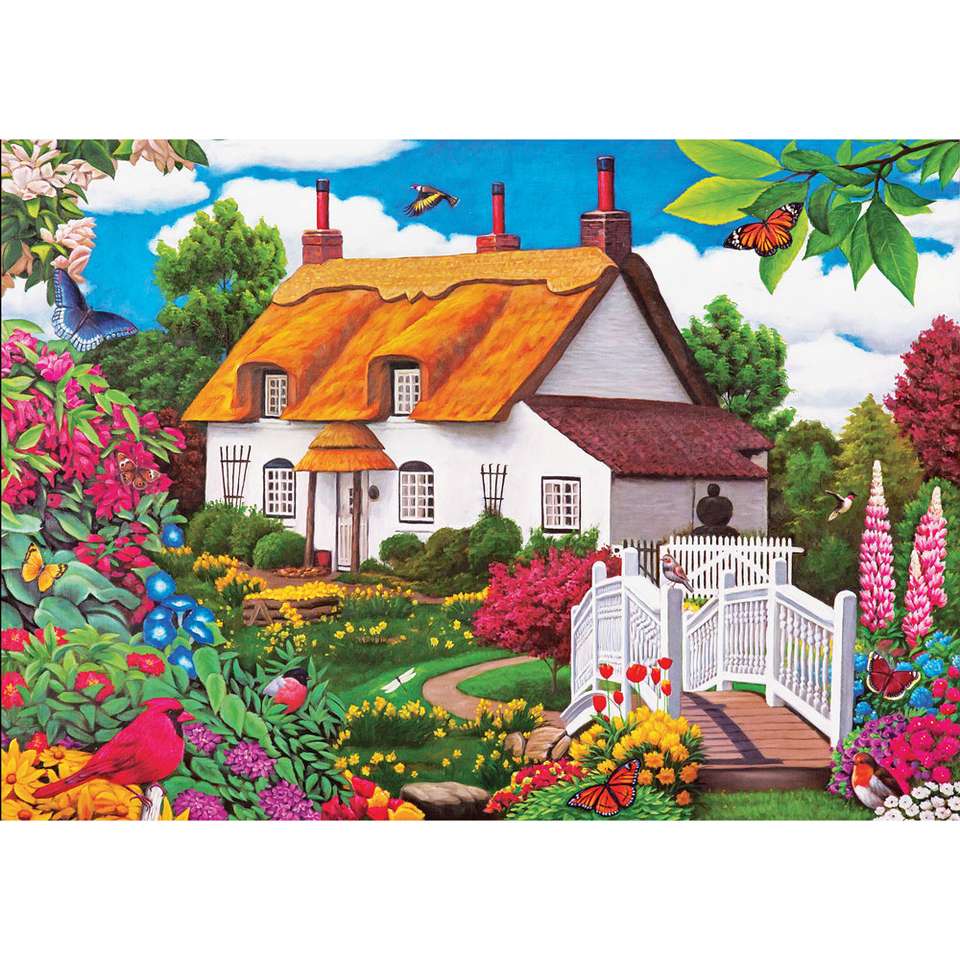 Een huis met een rieten dak en bloemen legpuzzel online