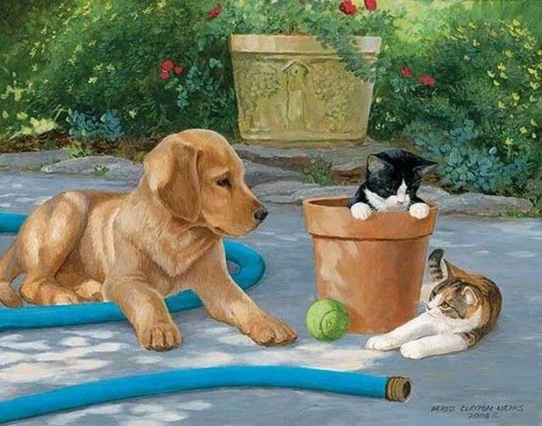Cucciolo che si prende cura dei gattini #191 puzzle online