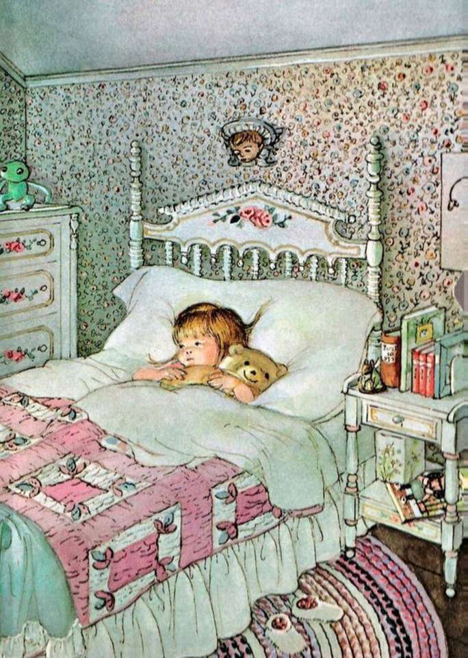 liten flicka i sängen med sin nallebjörn pussel på nätet
