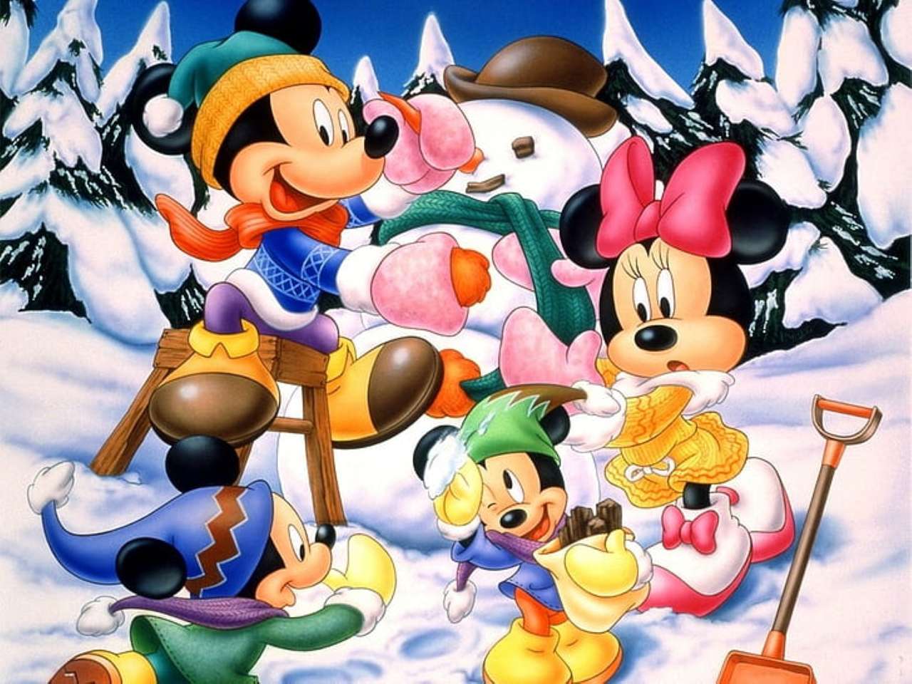 minnie, mickey și nepoții lor se joacă în zăpadă puzzle online