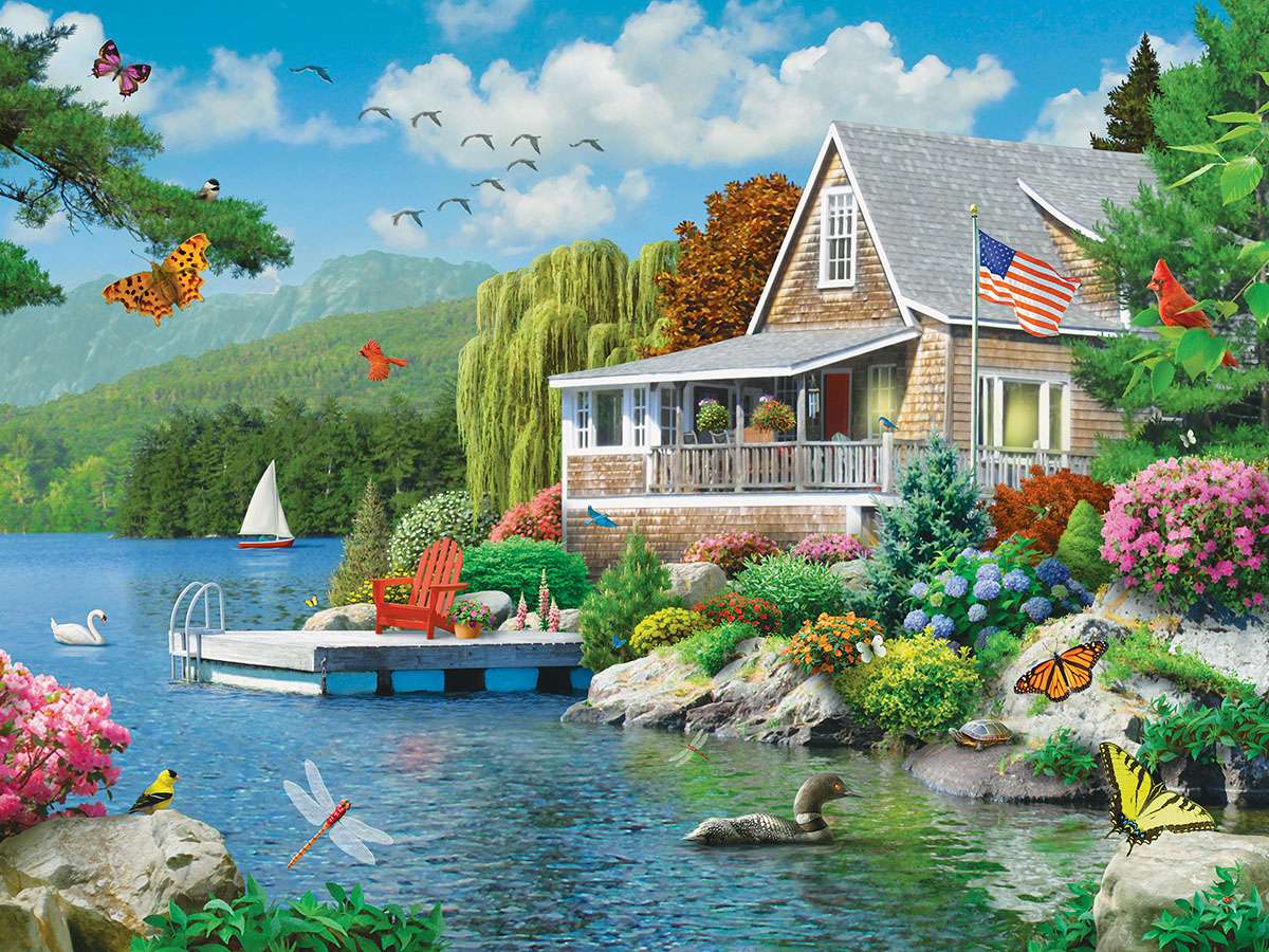 Maison au bord de la rivière avec une jetée puzzle en ligne