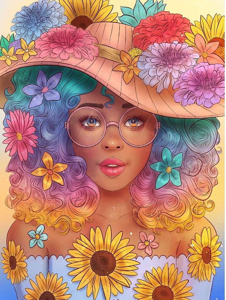 flicka med glasögon och blomma hatt pussel på nätet