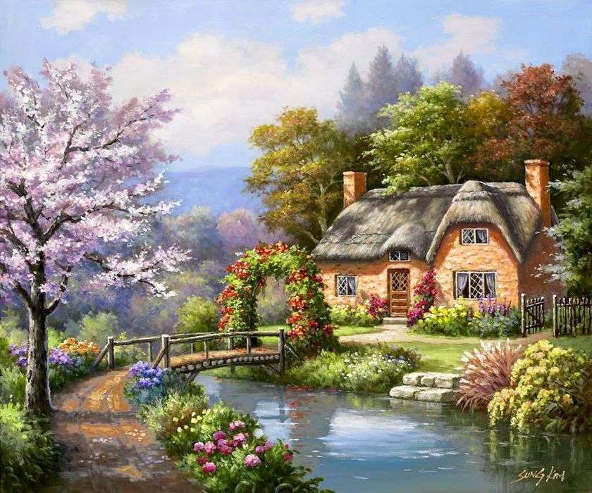 O casă sub un acoperiș de paie lângă râu jigsaw puzzle online