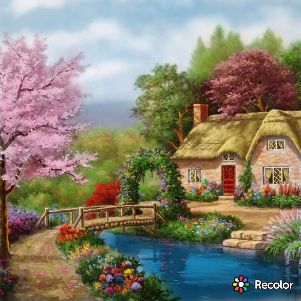 O cabană frumoasă lângă un pârâu jigsaw puzzle online