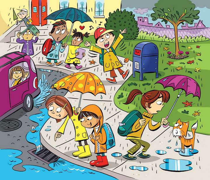 Weg van school op een regenachtige dag online puzzel