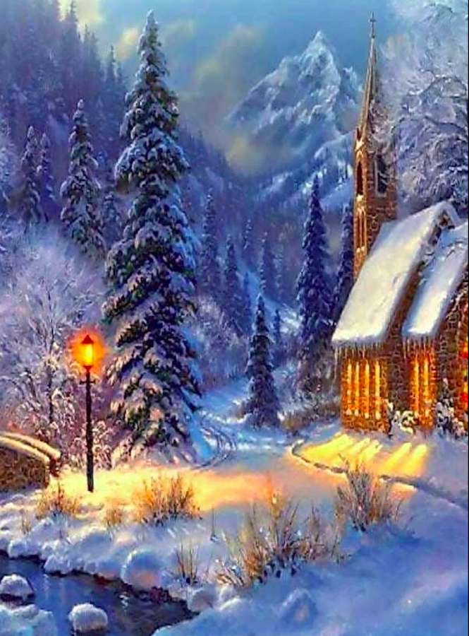 冬の教会 - 美しい、美しい景色 オンラインパズル
