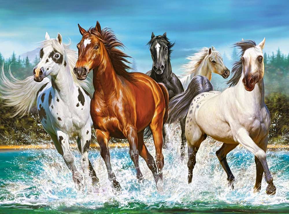 Hästar galopperar i vattnet Pussel online