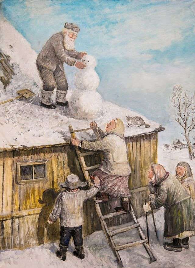Ο τρελός παππούς φτιάχνει έναν χιονάνθρωπο στη στέγη :) online παζλ