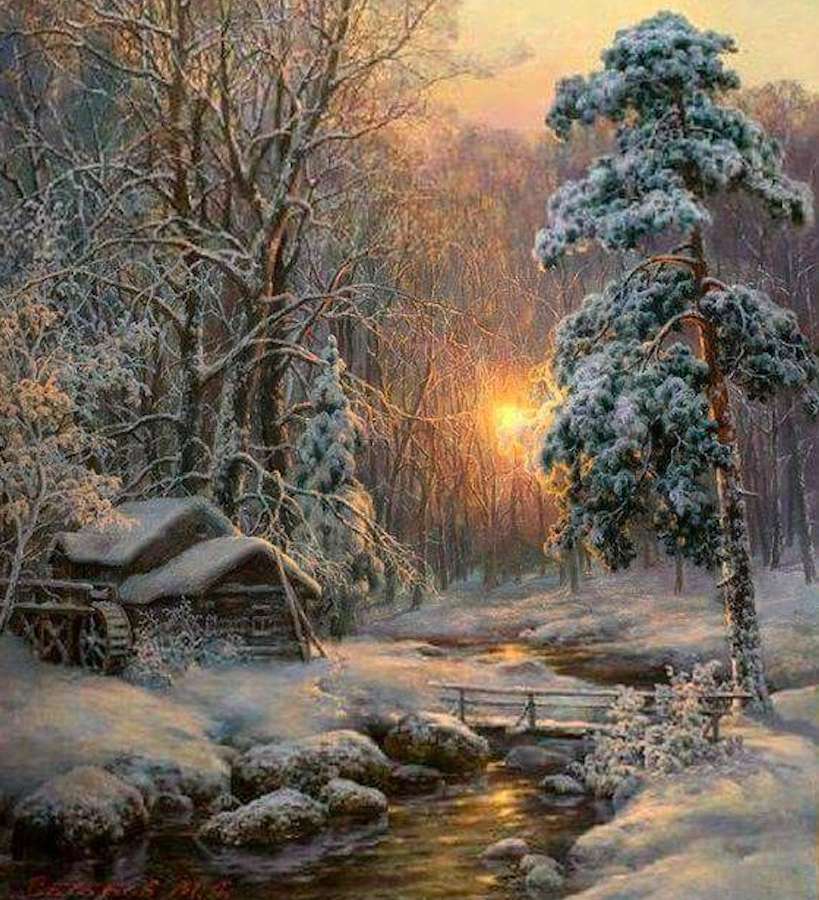 Winter in het bos bij zonsopgang online puzzel
