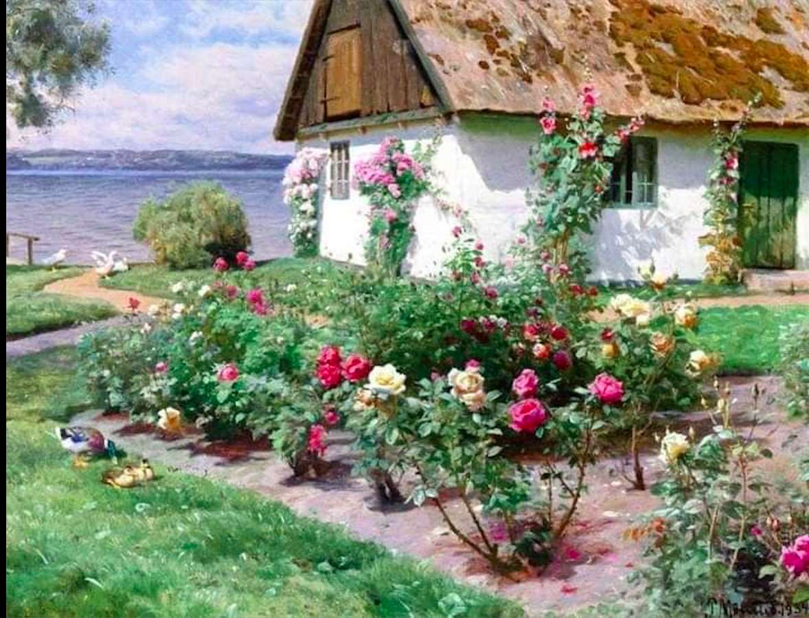 Μια λευκή καλύβα σε έναν κήπο με τριανταφυλλιές, ένα θαύμα παζλ online