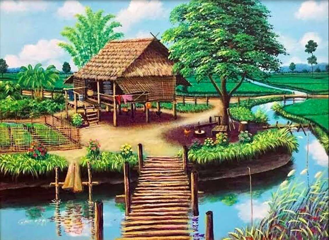 Una casa maravillosa en una isla de arroz, la belleza es asombrosa. rompecabezas en línea