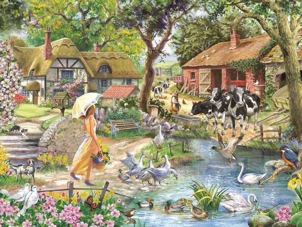 Buildings with a farm and a pond jigsaw puzzle online