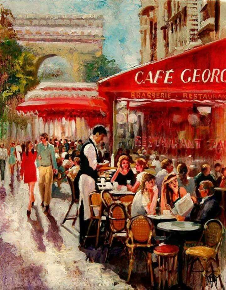 Paris-parisiska kaféer fulla av folk Pussel online