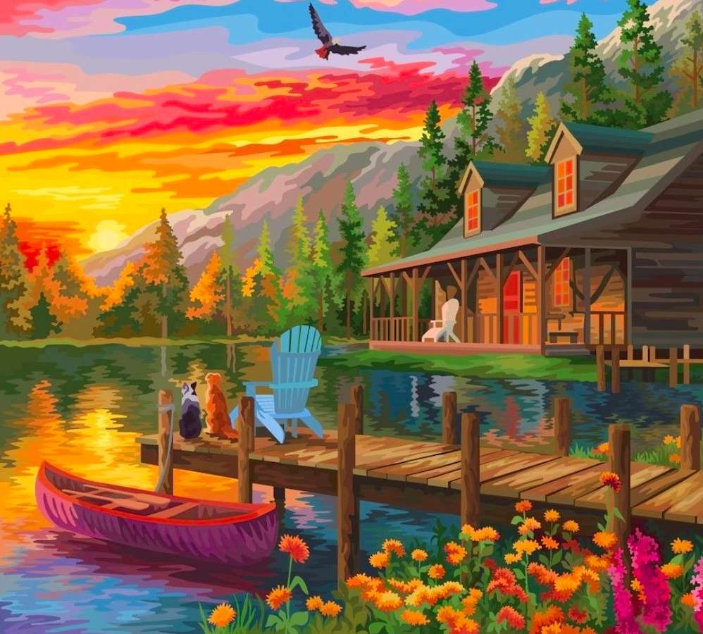 山の美しい湖に沈む夕日 オンラインパズル