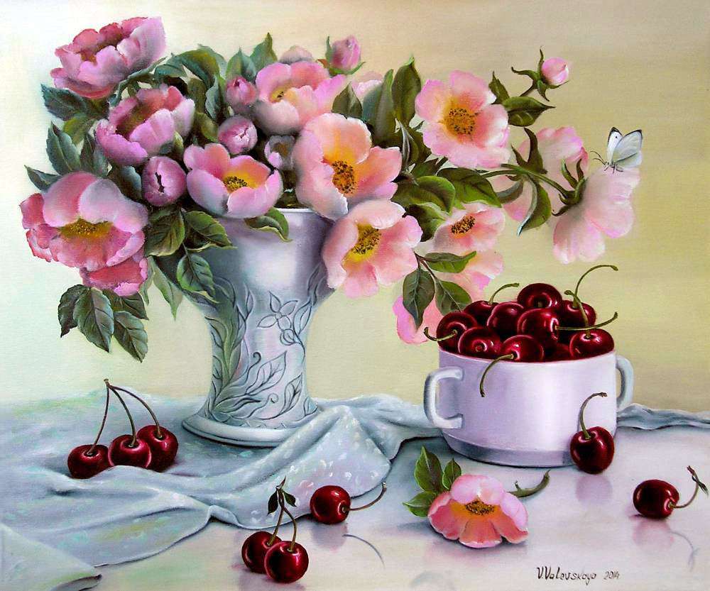 Flowers with a cherry jigsaw puzzle online