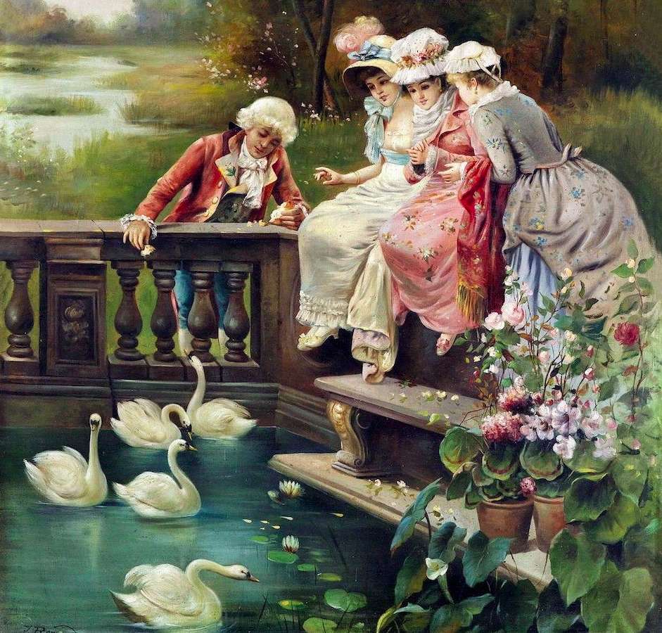 Damas y cisnes junto al estanque. rompecabezas en línea