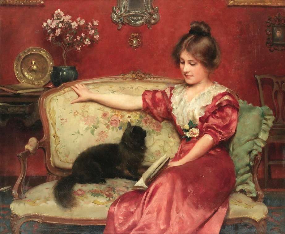 дама с котка на дивана онлайн пъзел