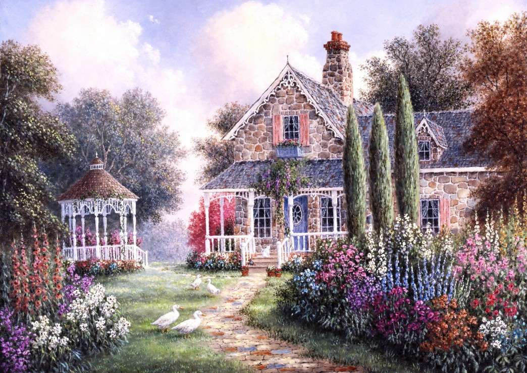vacker bostad och dess blomsterträdgård pussel på nätet