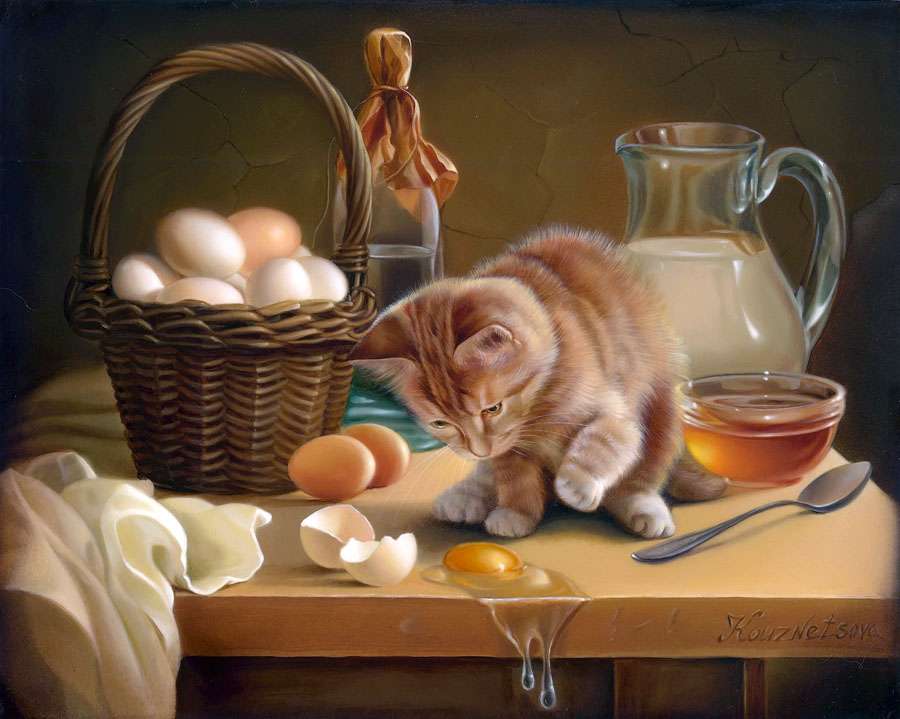 子猫が来て、牛乳を飲み、卵を割った:) ジグソーパズルオンライン