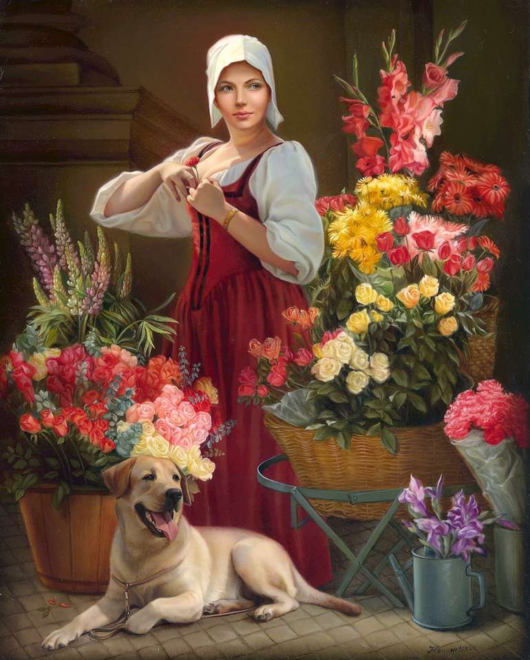Schöner Florist, schöne Blumen und ein Hund Online-Puzzle