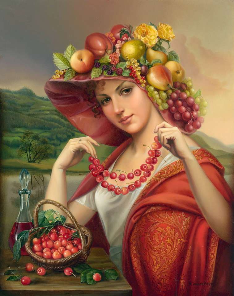 Красивая дама в вишневых бусах пазл онлайн