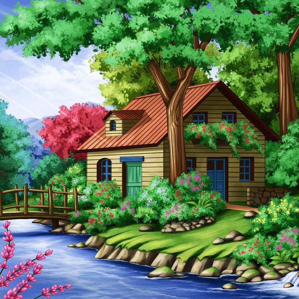 Une jolie petite maison parmi les arbres puzzle en ligne