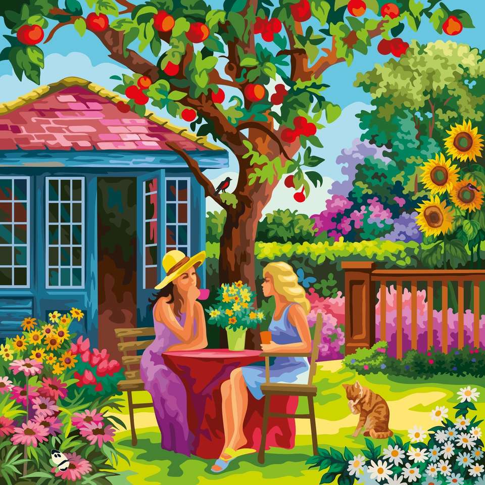 Uma reunião sob uma macieira em um belo jardim puzzle online