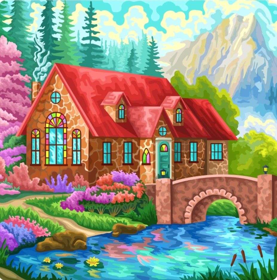 Stained glass beautiful cottage in the mountains online puzzle