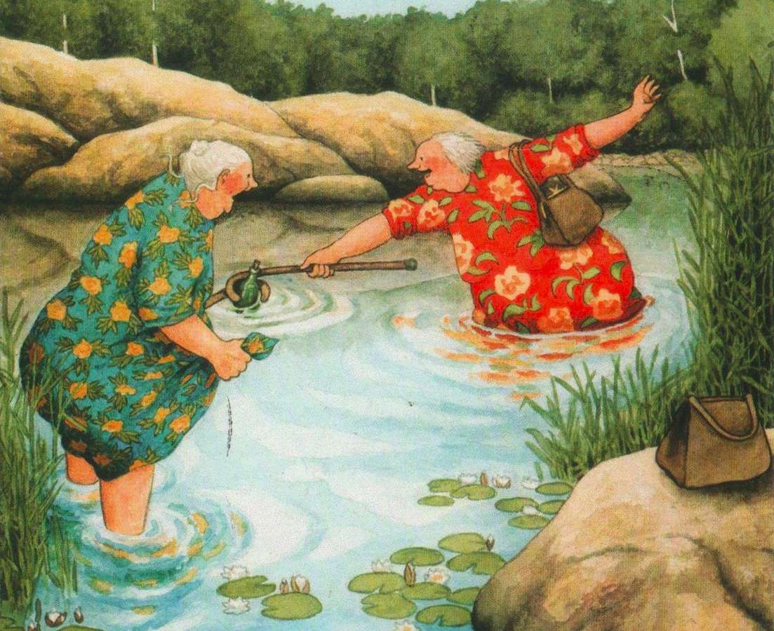 Сумасшедшие бабульки-Мы водку в речке ловили :) пазл онлайн