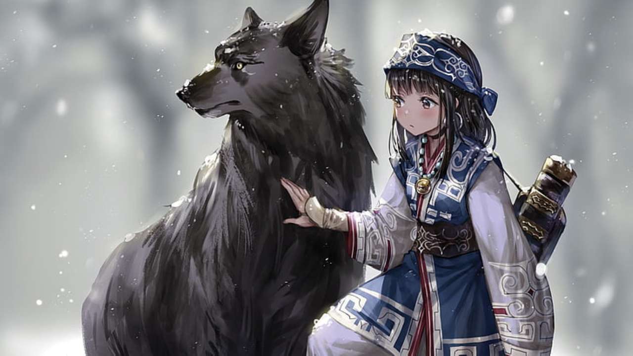 молодая девушка и ее волк пазл онлайн