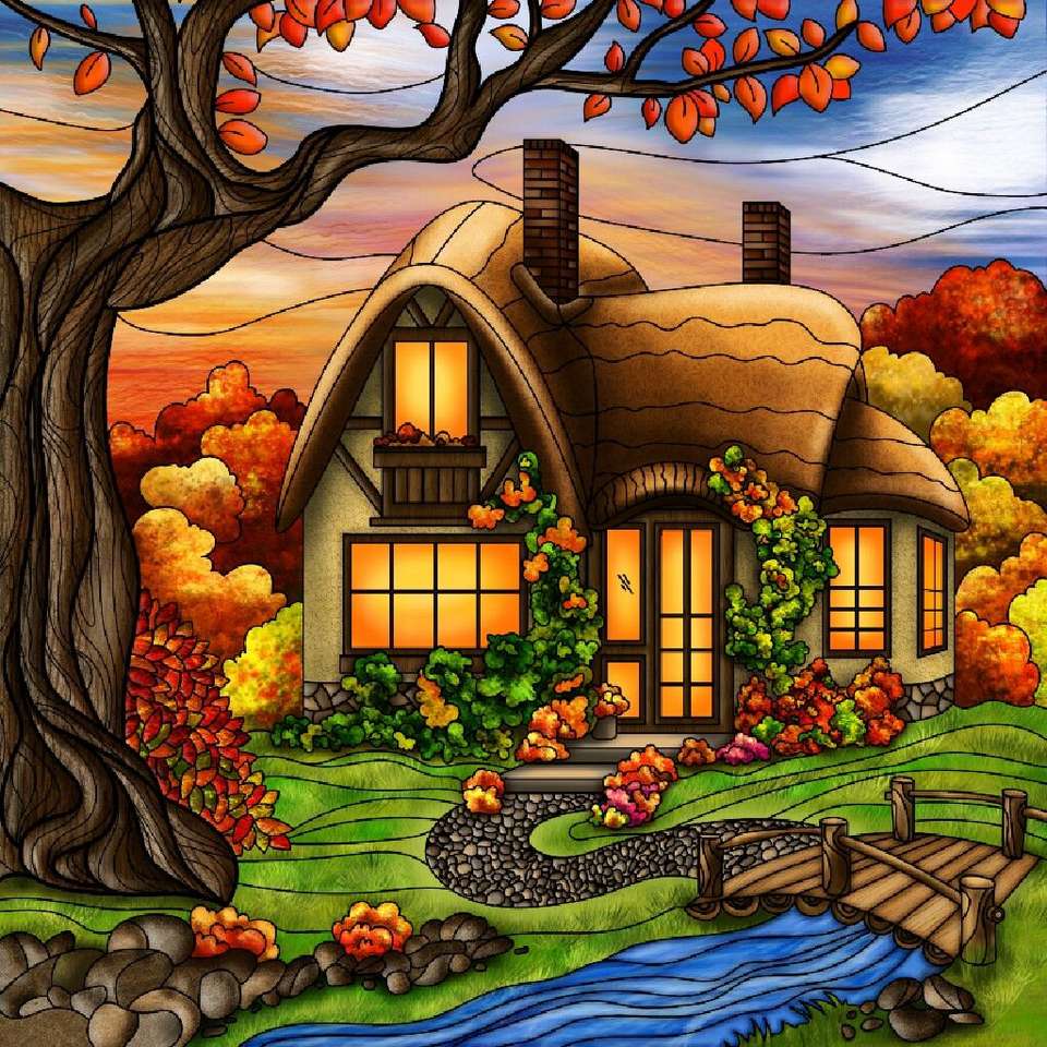 Cottage in the fall in the evening time jigsaw puzzle online