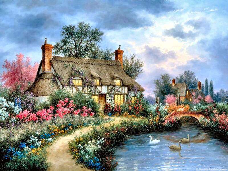 A lovely manor house by a pond, idyll jigsaw puzzle online