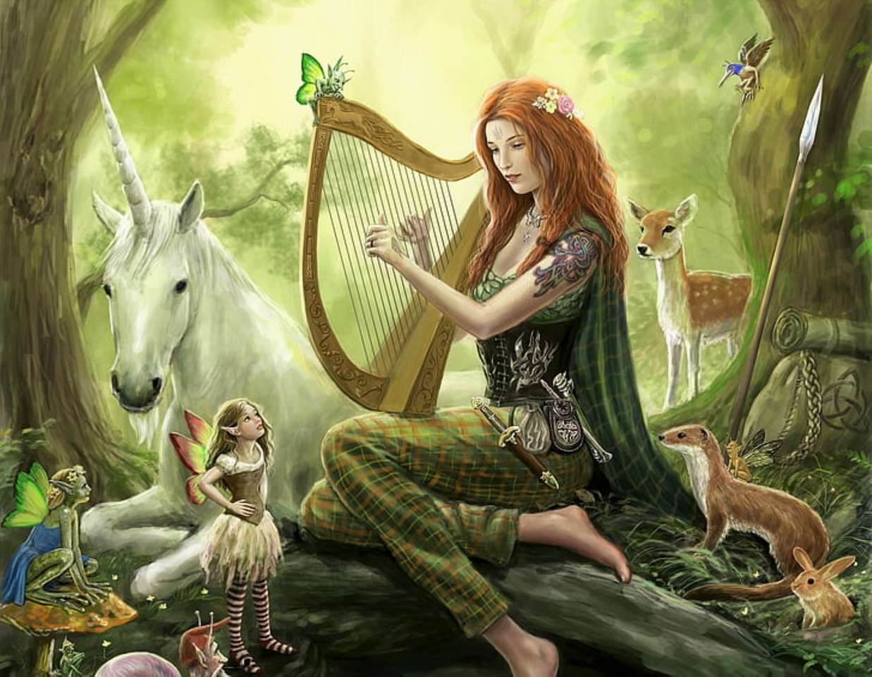giovane donna, elfi e animali fantastici puzzle online