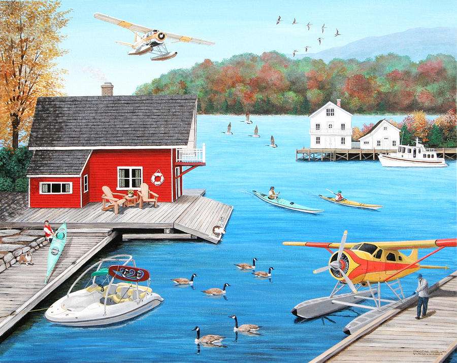 Plane, hydrofoil, canoes, marina jigsaw puzzle online