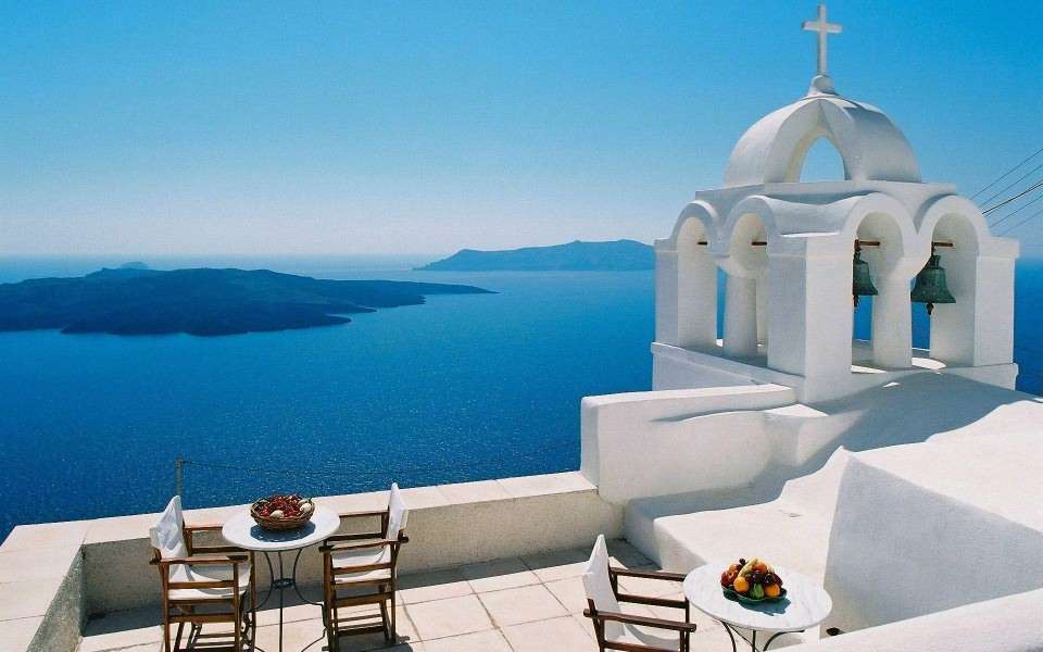 Ön Santorini och Egeiska havet pussel på nätet