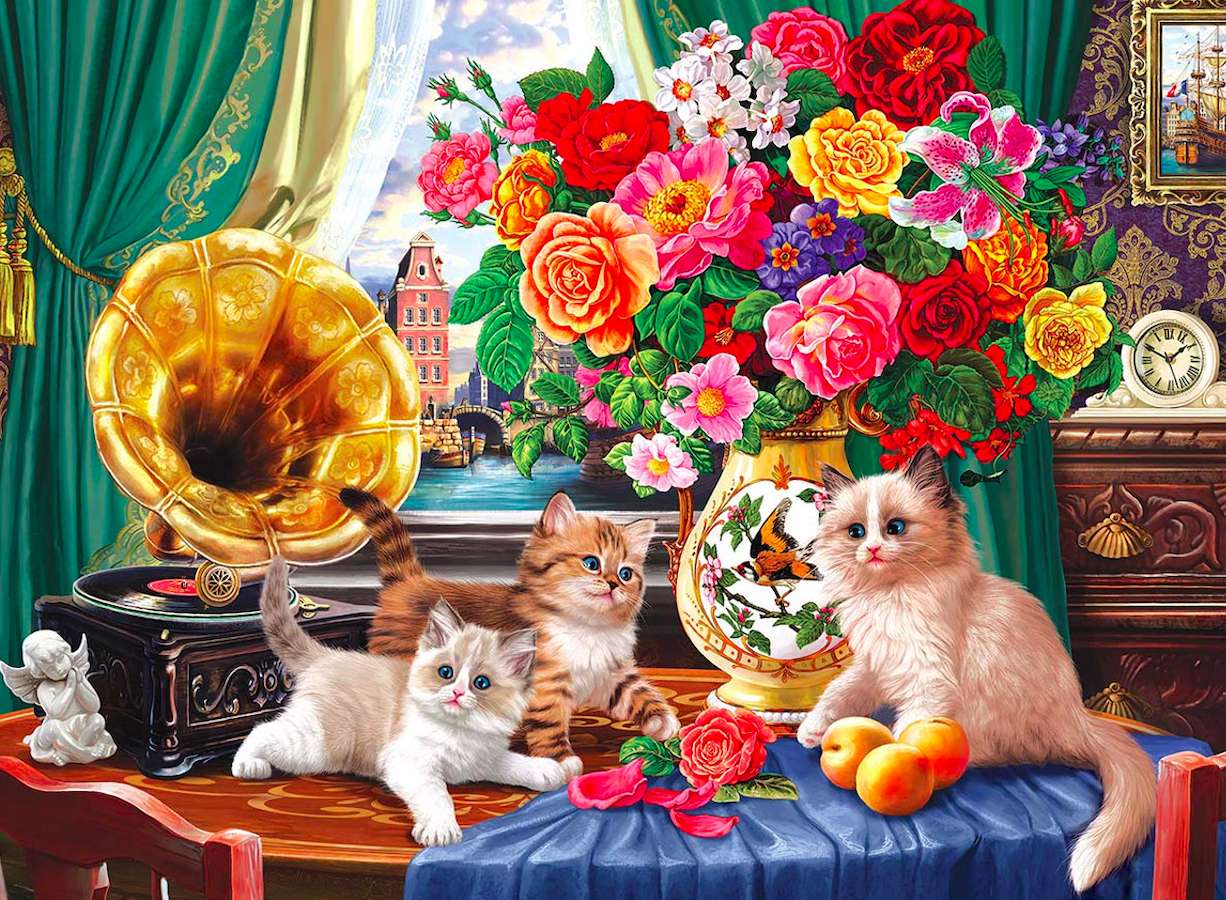 Cat babies among the roses jigsaw puzzle online