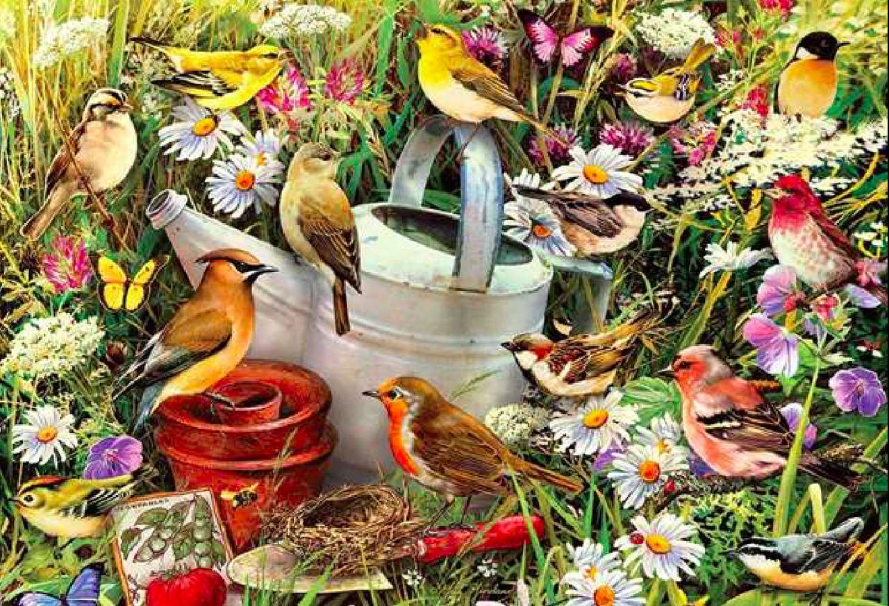 Ett fågelrike i en vacker trädgård Pussel online