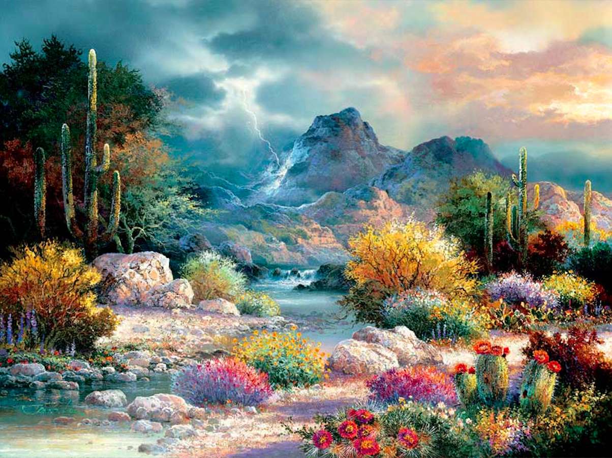 Hermoso valle de cactus durante una tormenta rompecabezas en línea