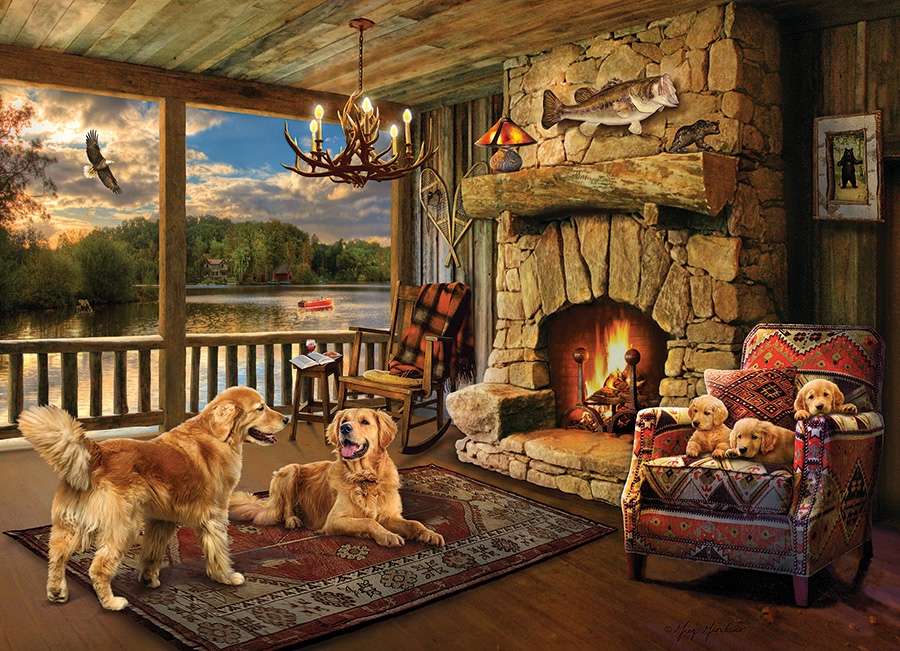 Cuccioli nel soggiorno vista lago puzzle online