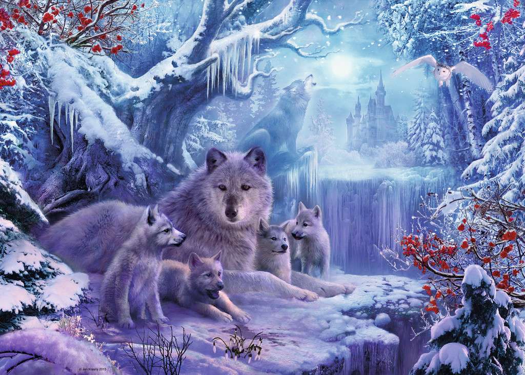 月明かりで雪の中のオオカミの家族 ジグソーパズルオンライン