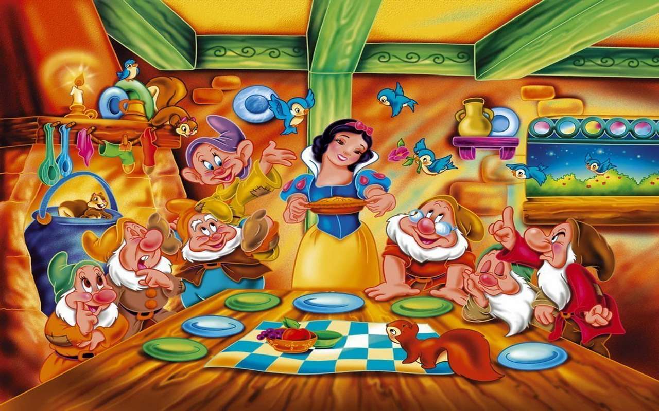 テーブルを囲む白雪姫と7人の小人たち オンラインパズル