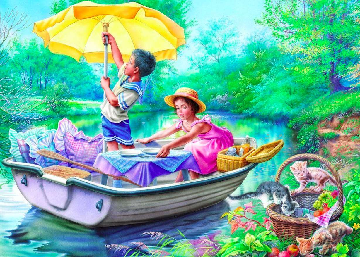 Bedårande barnpicknick på båten pussel på nätet