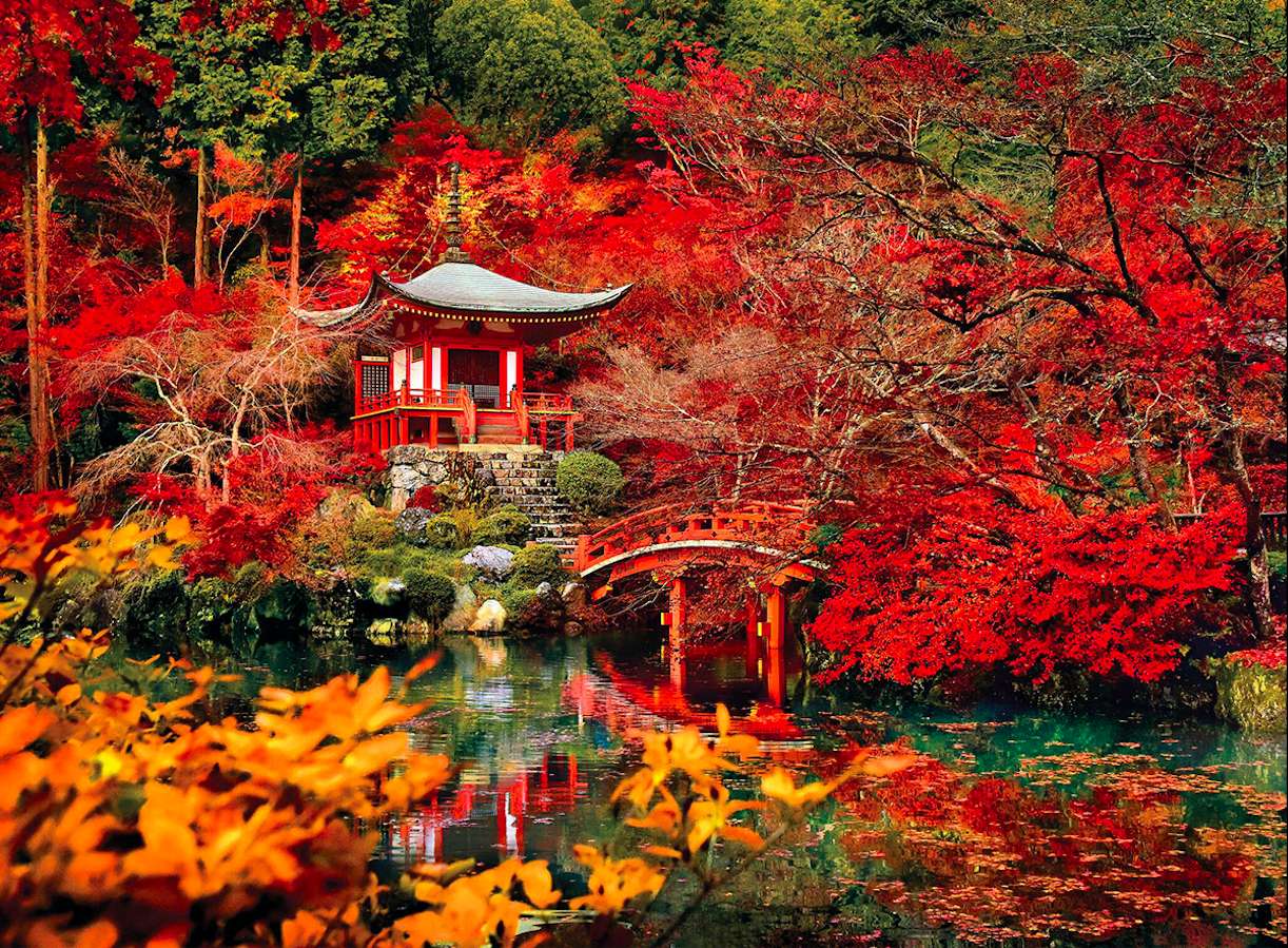 Asiatischer Garten im roten Herbst Online-Puzzle