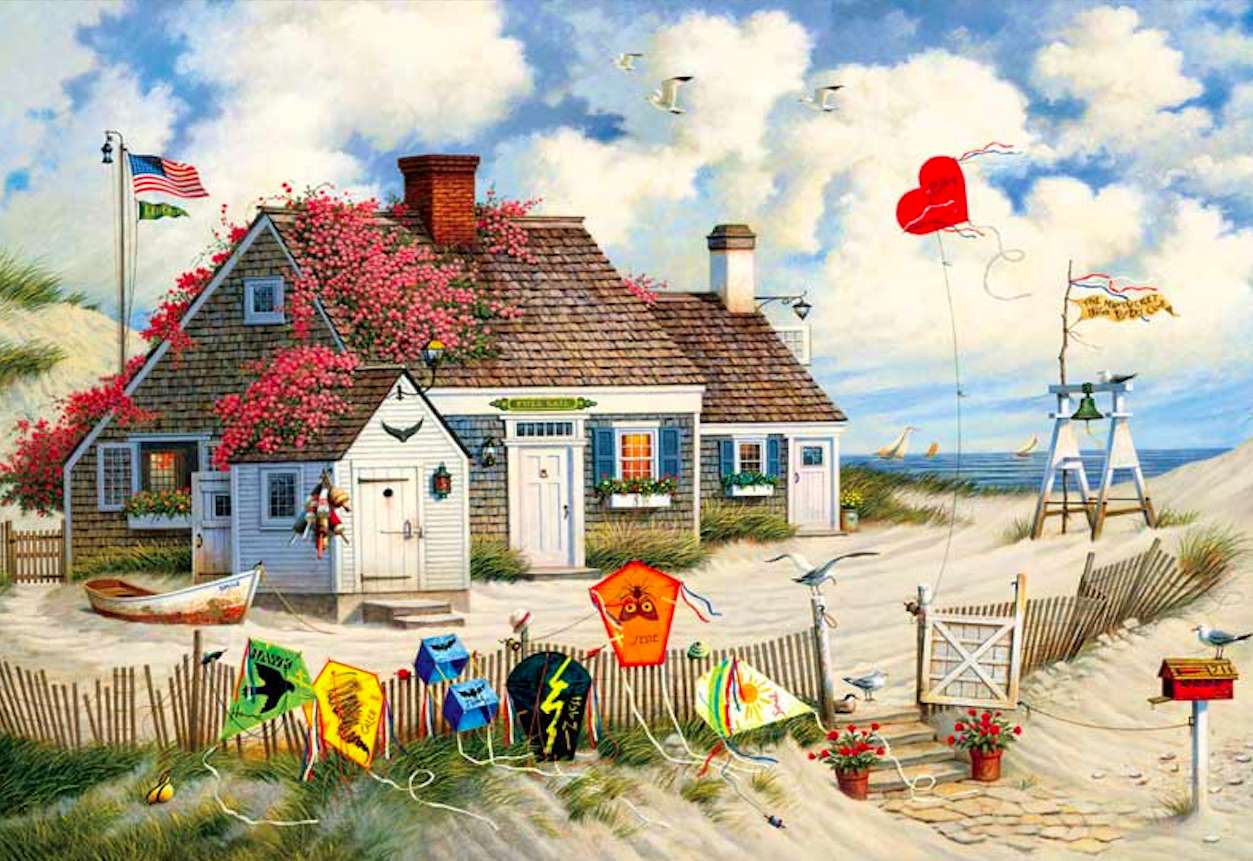 Къща на плажа с цветя на покрива онлайн пъзел