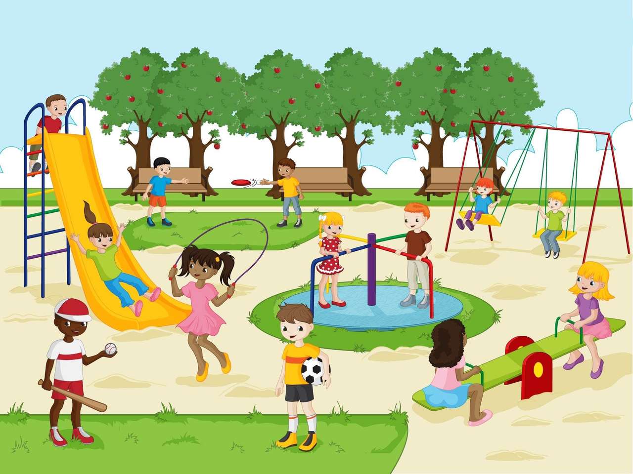 Barnen leker på lekplatsen Pussel online